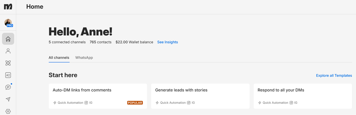 ManyChat Dashboard Übersicht mit Quick Automations für Instagram DM-Automation