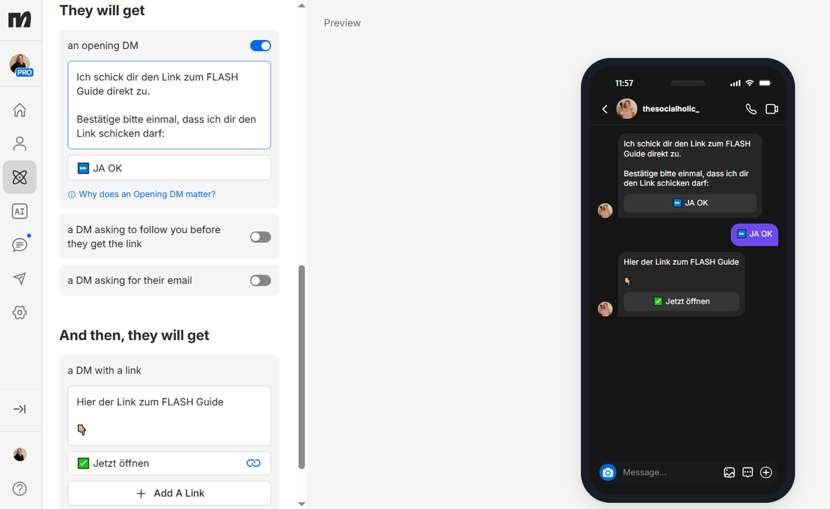 ManyChat Opening DM mit Bestätigung und Link-DM für Instagram Automation einrichten