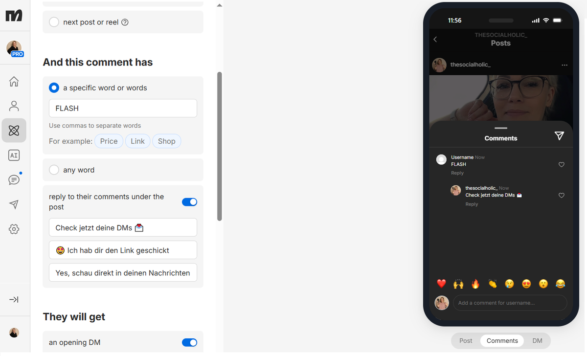 ManyChat öffentliche Antwort-Varianten für automatische Reaktion unter Instagram Kommentaren