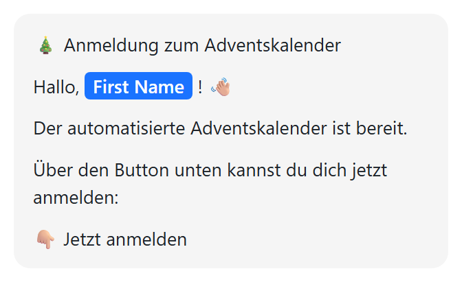 Anmeldung zum DM-Adventskalender auf Telegram: Willkommensnachricht mit Vorname und Button Jetzt anmelden