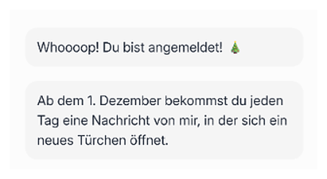 Bestätigung im DM-Adventskalender auf Telegram: Ab dem 1. Dezember öffnet sich jeden Tag ein neues Türchen